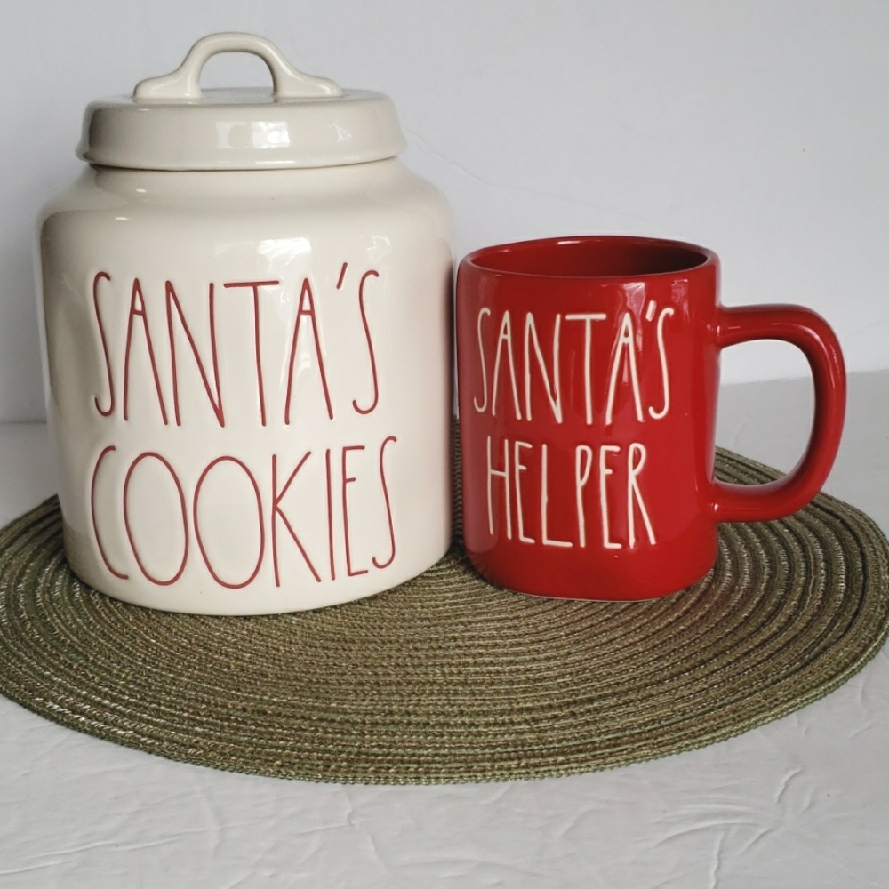 Rae Dunn "Santa's Cookies" White Canister & "Santa's Helper" Red Mug